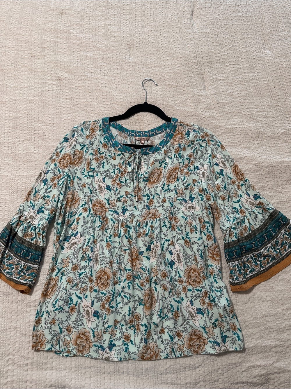 Floral Peasant Blouse in Teal and Brown - Women Tops